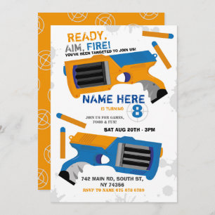 Invitation Dart Gun Fun Aim Shoot Blue Anniversaire Invitatio