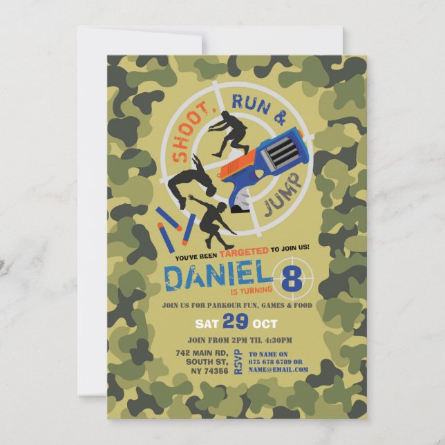 Invitation Dart Gun Fun Aim Shoot Camo Anniversaire Parkour (Devant)