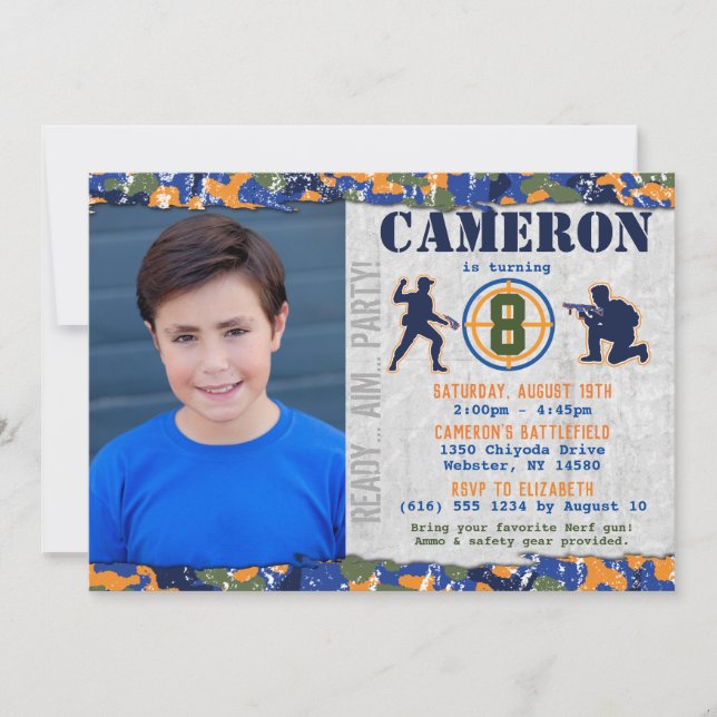 Invitation Dart Photo Militaire Anniversaire Fête Camo Soldat (Devant)