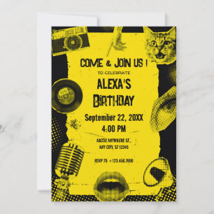 INVITATION D'ART POP GRUNGE JAUNE NOIR