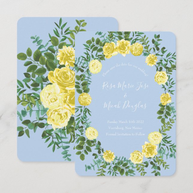 Invitation Date de mariage à la rose jaune clair et bleu pâle (Devant / Derrière)