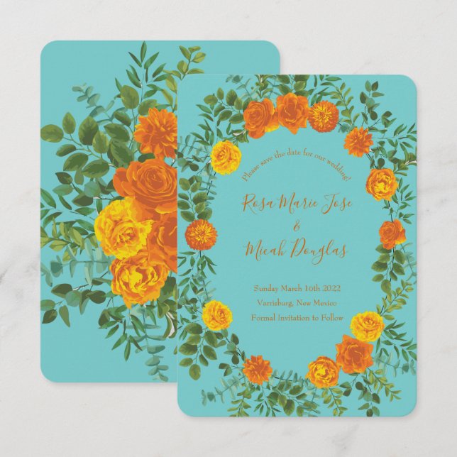 Invitation Date de mariage à thème rose et orange sarcelle Aq (Devant / Derrière)