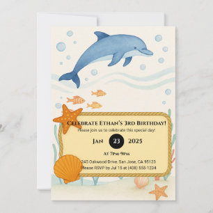 Invitation Dauphin Bleu avec Étoile de Mer & Cadre de Corde A