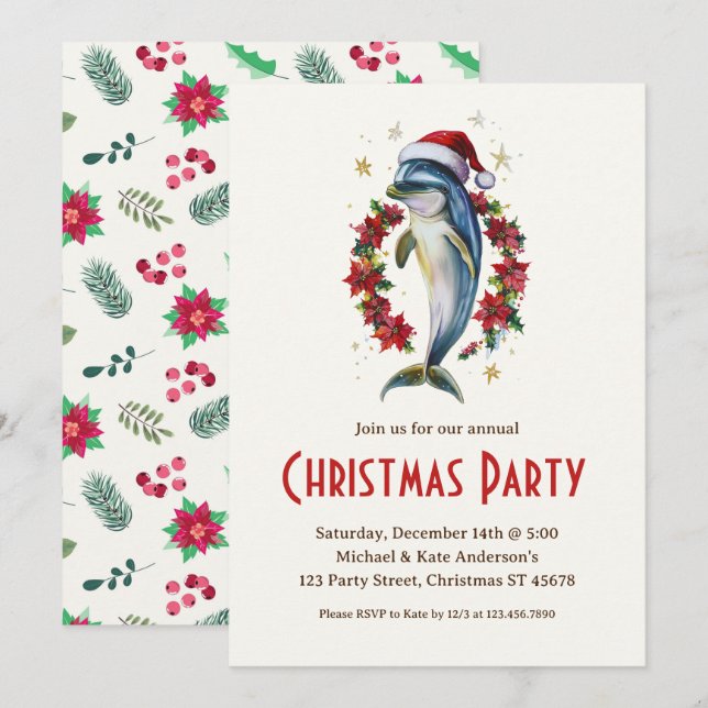 Invitation Dauphin dans un Santa Hat Poinsettias fête de Noël (Devant / Derrière)