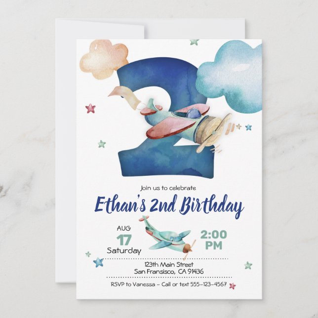 Invitation d'avion 2e anniversaire - Thème d'avion (Devant)