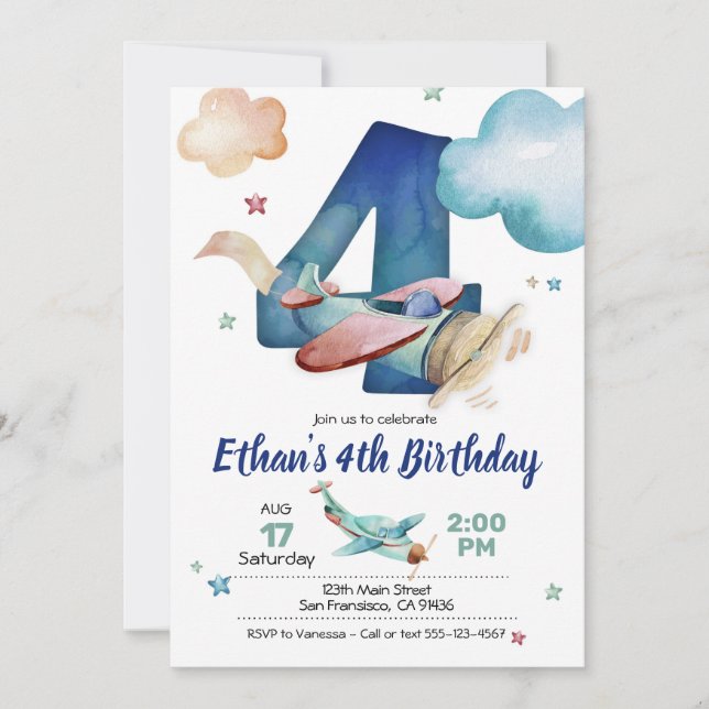 Invitation d'avion 4e anniversaire - Thème d'avion (Devant)