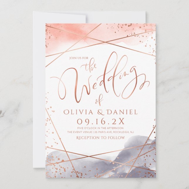 Invitation Dawn Watercolor mariage de calligraphie géométriqu (Devant)