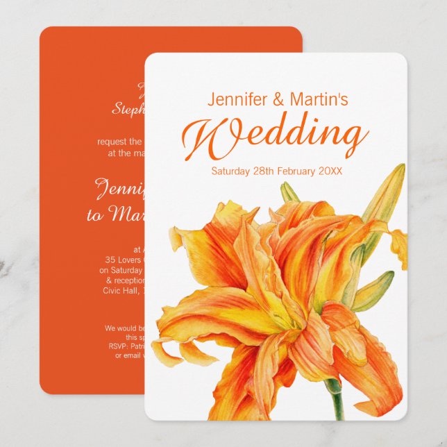 Invitation Daylily Hemerocallis mariage d'art orangé (Devant / Derrière)