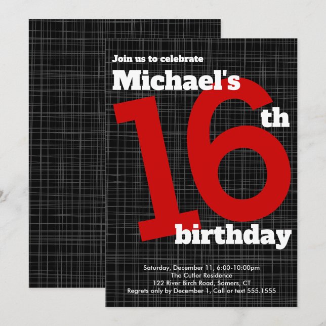 Invitation de 16e anniversaire Noir avec accent ro (Devant / Derrière)