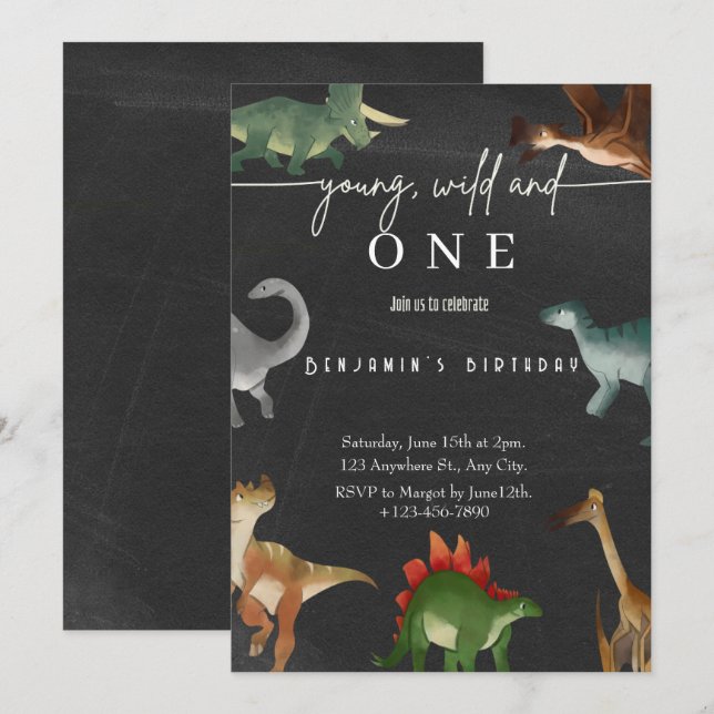 Invitation de 1er anniversaire du garçon Dinosaure (Devant / Derrière)