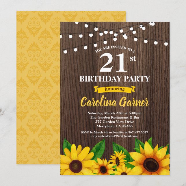 Invitation de 21e anniversaire de tournesol. Tout  (Devant / Derrière)