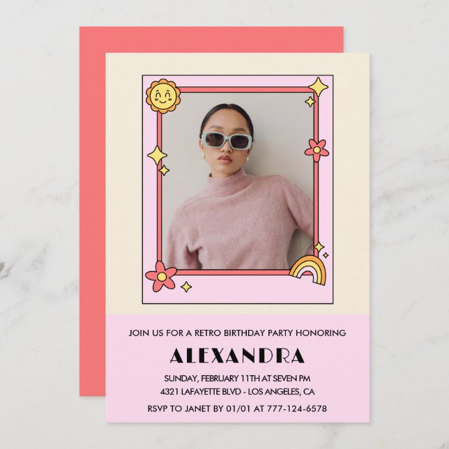 Invitation de 22e anniversaire Retro Super rose fl (Devant / Derrière)