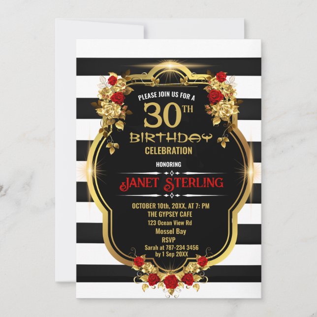Invitation de 30e anniversaire noir, blanc et or (Devant)