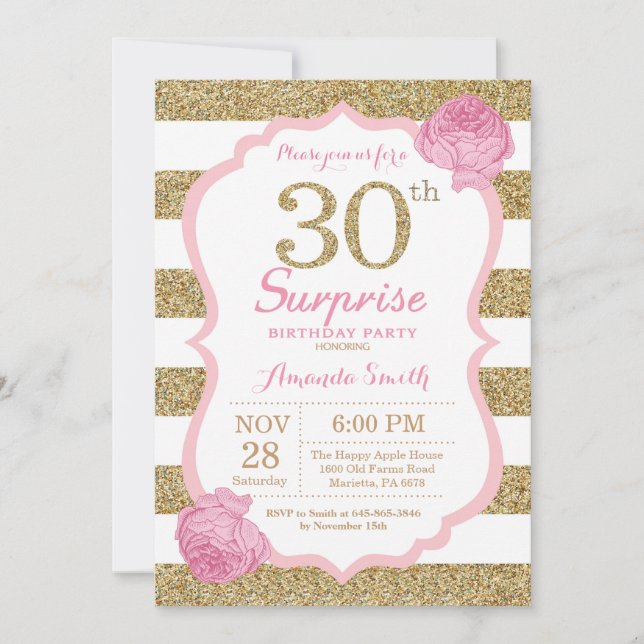 Invitation de 30e anniversaire rose et or Surprise (Devant)