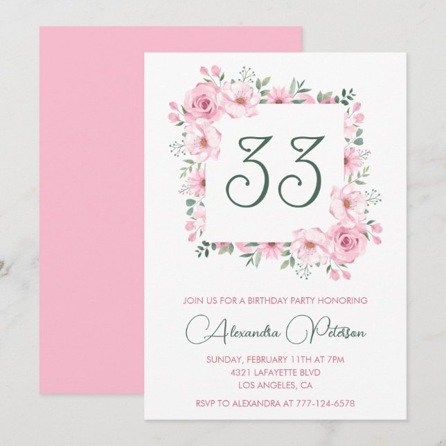 Invitation de 33e anniversaire Boho Floral Pink El (Devant / Derrière)