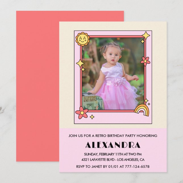 Invitation de 3e anniversaire Retro Super rose flo (Devant / Derrière)