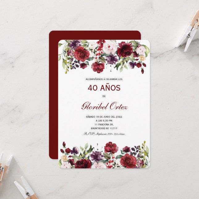 Invitation de 40 Ans Femme Invitation (Devant/Arrière en situation)
