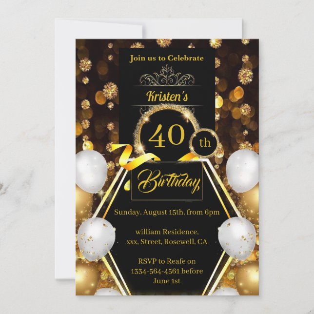 Invitation de 40e anniversaire Gold et Black (Devant)