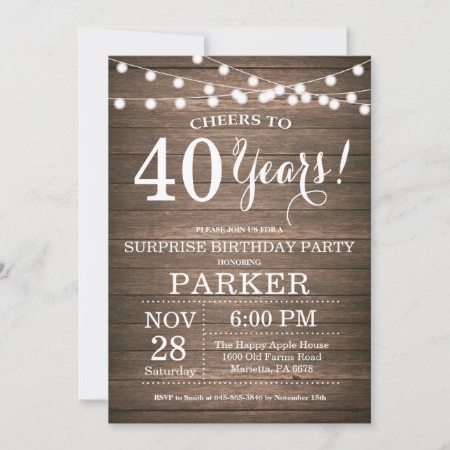 Invitation de 40e anniversaire surprise rustique e (Devant)