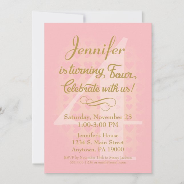 Invitation de 4e anniversaire Filles Coeurs d'or r (Devant)