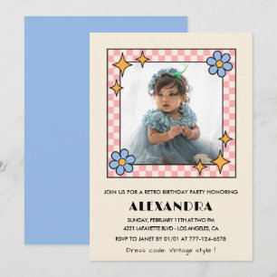 Invitation de 4e anniversaire Retro Super Blue Flo