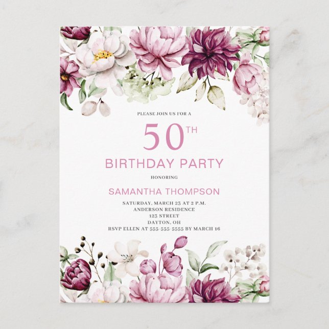 Invitation de 50e anniversaire de la florale rose (Devant)