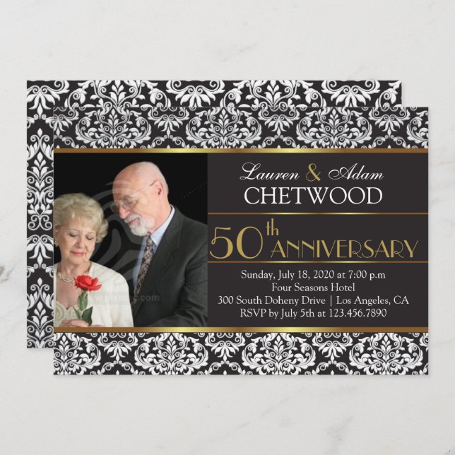 Invitation de 50e anniversaire de mariage en damas (Devant / Derrière)