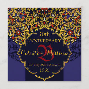 Invitation de 50e anniversaire Luxe Bleu Rouge Or