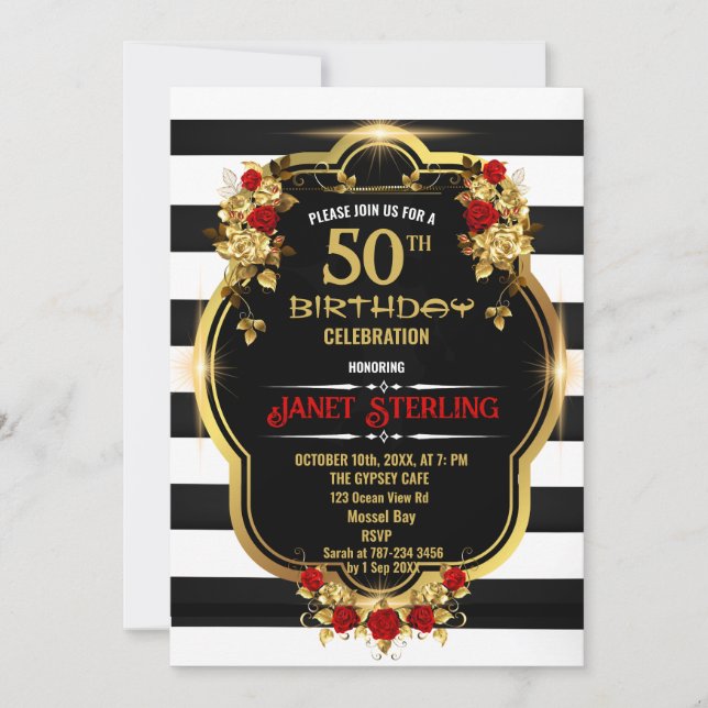 Invitation de 50e anniversaire noir, blanc et or (Devant)