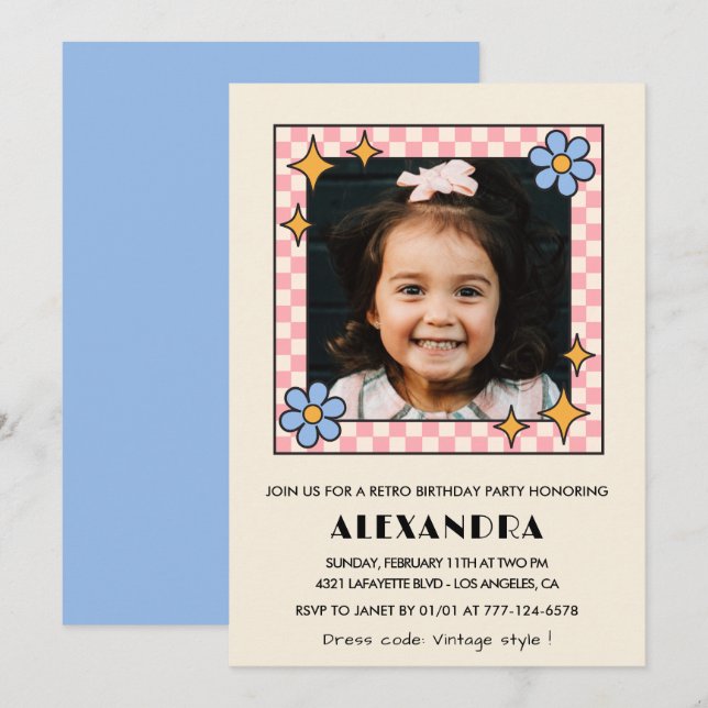 Invitation de 6e anniversaire Retro Super Blue Flo (Devant / Derrière)