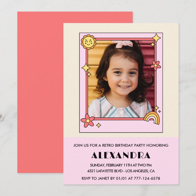 Invitation de 6e anniversaire Retro Super Rose Flo (Devant / Derrière)
