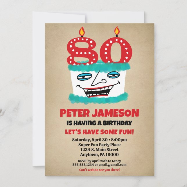 Invitation de 80e anniversaire Gâteau drôle Mens D (Devant)