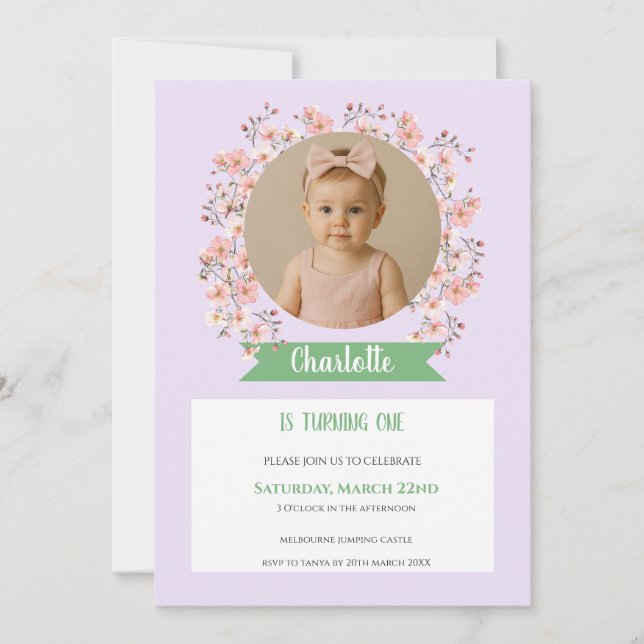 Invitation de anniversaire de fille avec photo flo (Devant)
