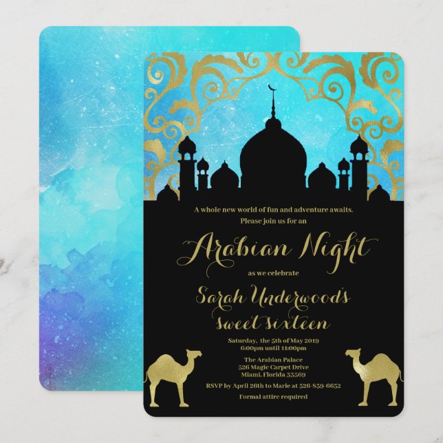 Invitation de anniversaire Nuits Arabes Teal et Or (Devant / Derrière)