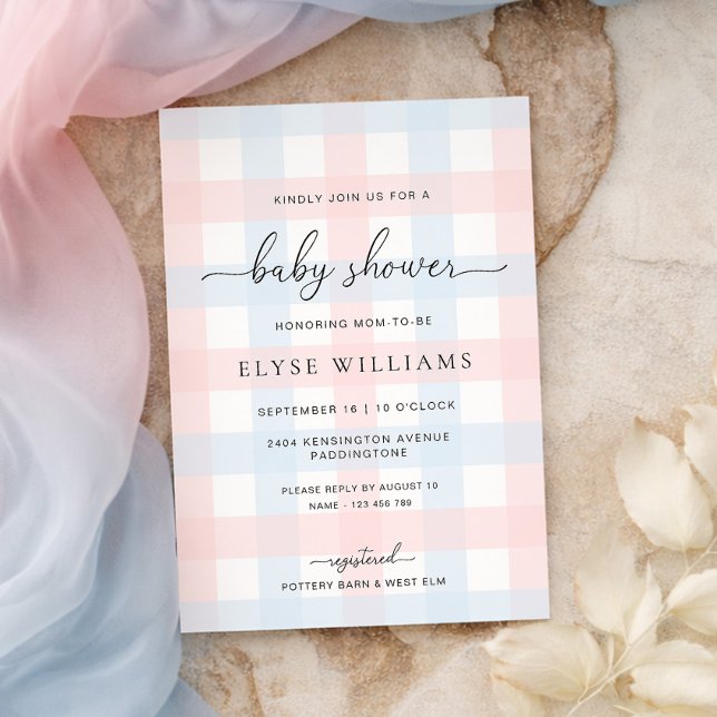 Invitation de baby shower à carreaux rose et bleu (Créateur téléchargé)