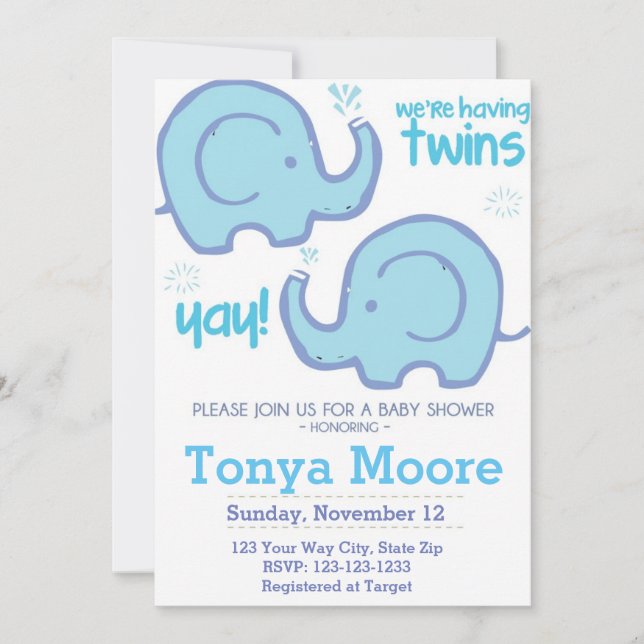 Invitation de Baby shower à éléphant jumeaux (garç (Devant)
