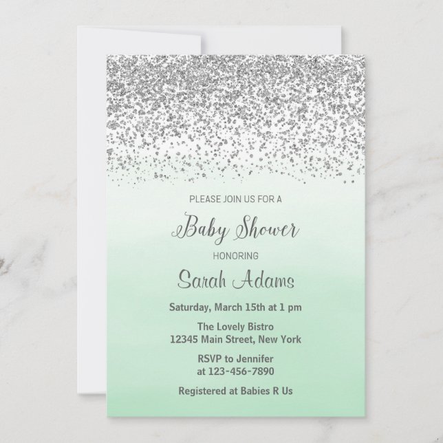 Invitation de Baby shower à la menthe et à l'argen (Devant)