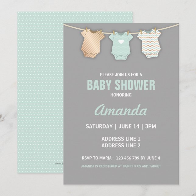 Invitation de Baby shower à la menthe, thème de li (Devant / Derrière)