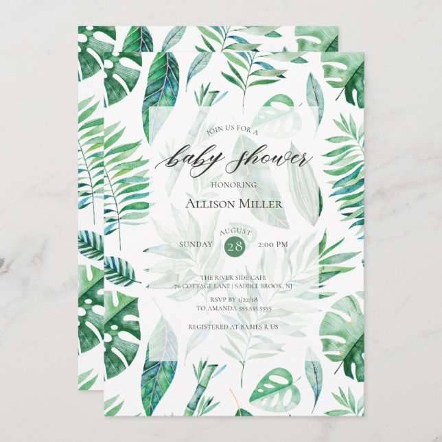 Invitation de Baby Shower à la verdure feuillue tr (Devant / Derrière)