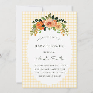 Invitation de baby shower à motif floral à carreau