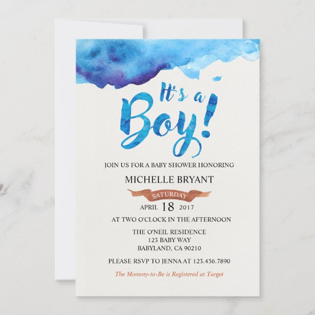 Invitation de baby shower aquarelle bleu C'est un  (Devant)