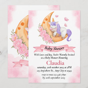 Invitation de baby shower aquarelle licorne endorm