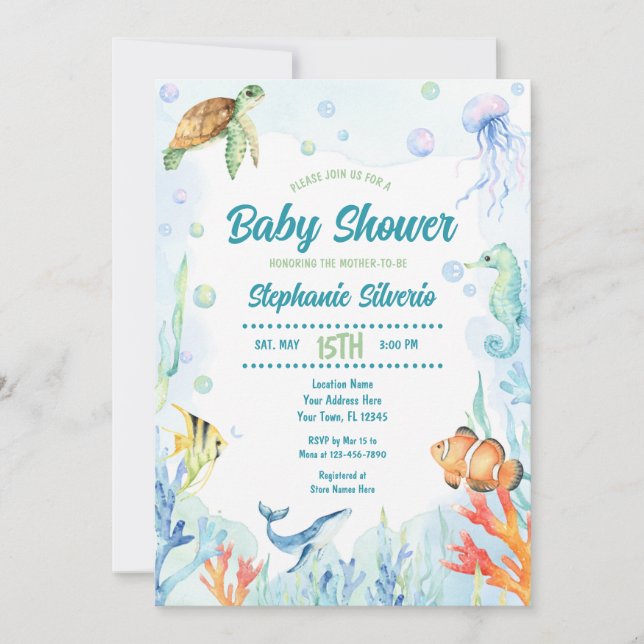 Invitation de Baby Shower aquarelle sous la mer (Devant)