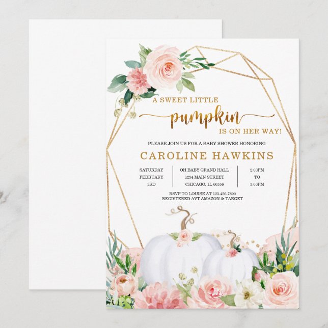 Invitation de Baby Shower automnal Citrouille Flor (Devant / Derrière)