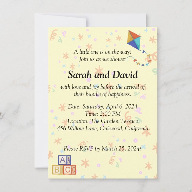 Invitation de Baby shower avec cerf-volant et cube (Devant)