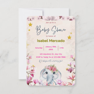 Invitation de Baby Shower avec éléphant floral.