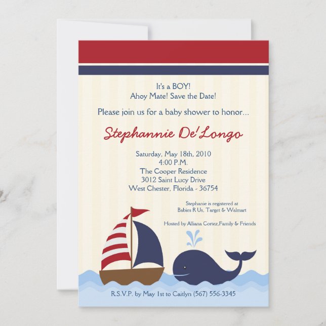 Invitation de Baby Shower Bateau Baleine Naútico A (Devant)