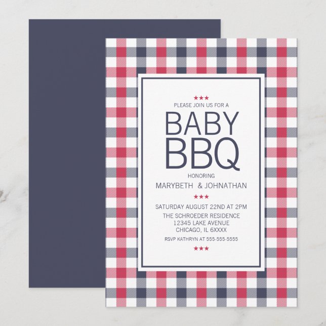 Invitation de Baby shower BBQ Preppy Rouge, Blanc  (Devant / Derrière)