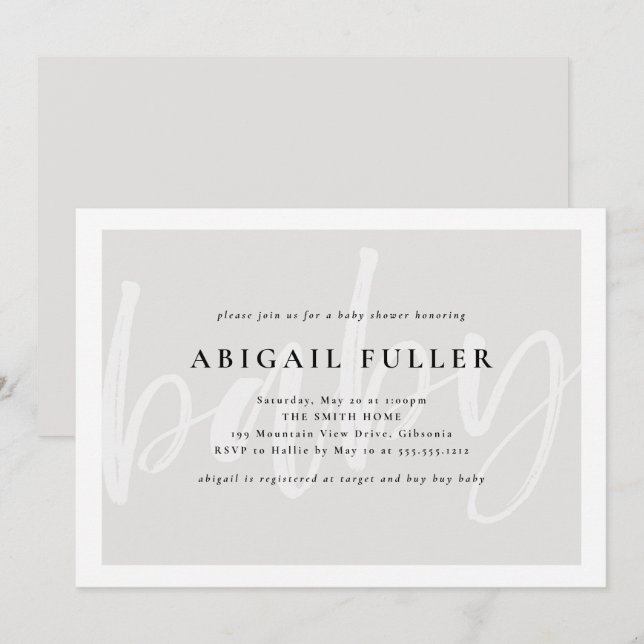 Invitation de Baby shower blanc et gris brossé (Devant / Derrière)