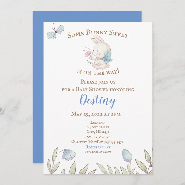 Invitation De Baby shower Bleu Bunny (Devant / Derrière)